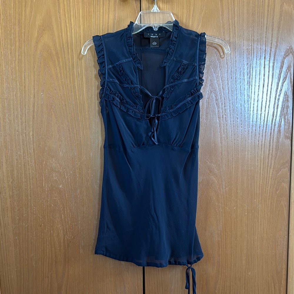 Arden B. Luxe brand Navy Sleeveless Ruffle Blouse